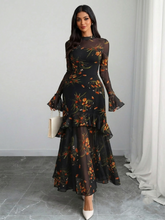 Floral Print Flounce Sleeve Mermaid Maxi Dress