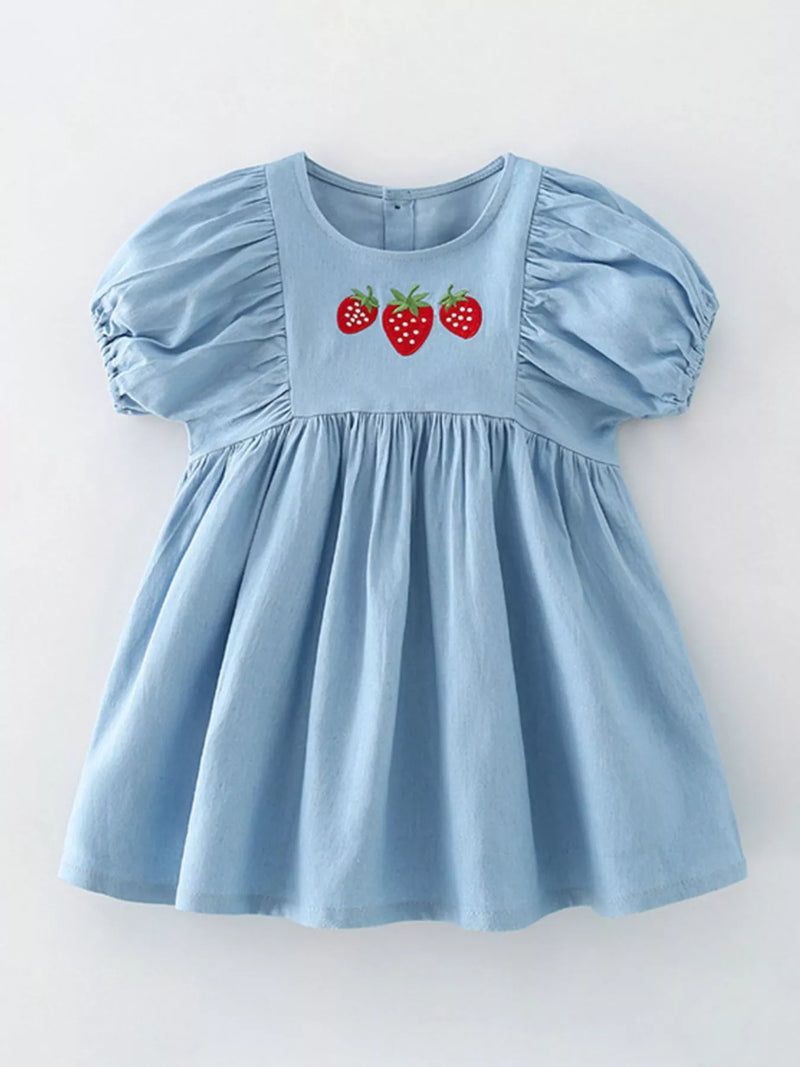 Children's Strawberry Embroidered Puff Sleeve Denim Dress
